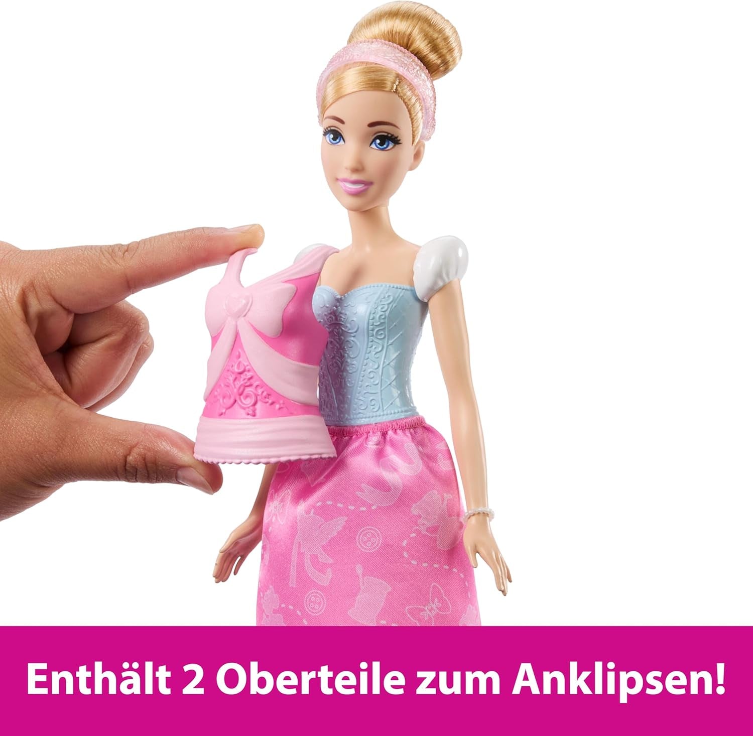 Mattel Disney Princess Toys Askepot modedukke med 2 outfits, 9 tilbehør, 2 toppe med clips og 2 nederdele. 2 i 1 historier inspireret af Disney-filmen, JCR95