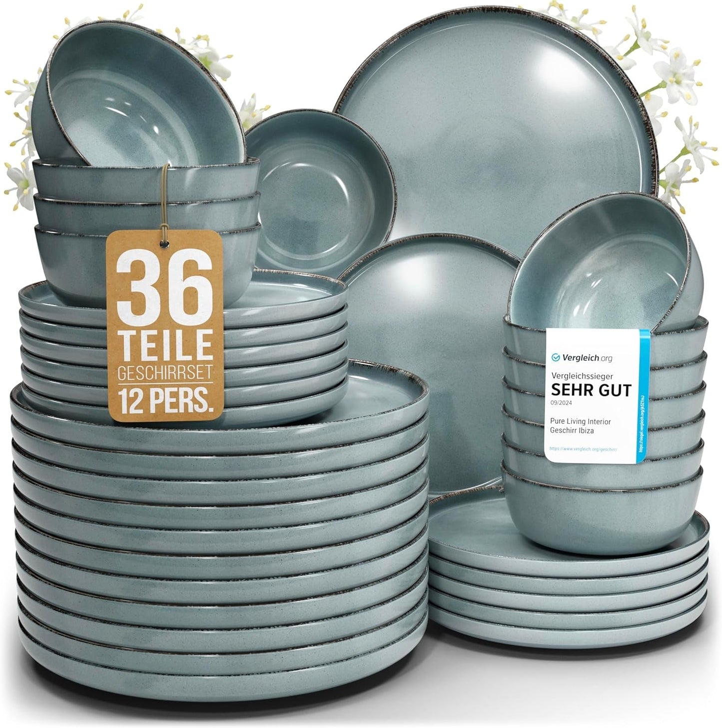 Steingut Geschirrset 12 Personen Rustik 36 tlg. TESTSIEGER, Hochwertiges Landhaussttil Steingut Geschirr Set, Schüssel- und Teller Set, Tafelservice 12 Personen, Geschirrsets Pure Living in Rauchblau