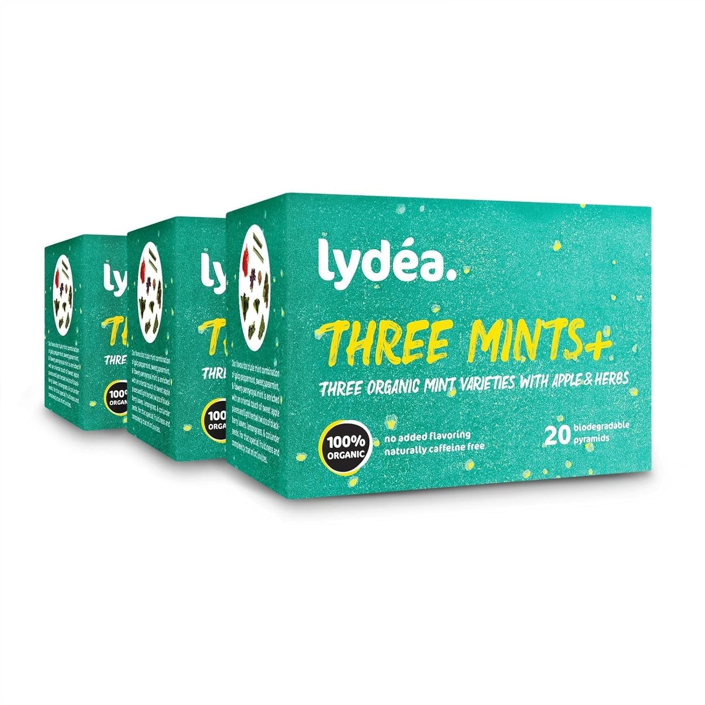 Lydea Three Mints+ økologisk urtete med tre sortimenter af mynte, æbler og urter, 60 pyramider, 3 pakke [3 x 20 pyramider]