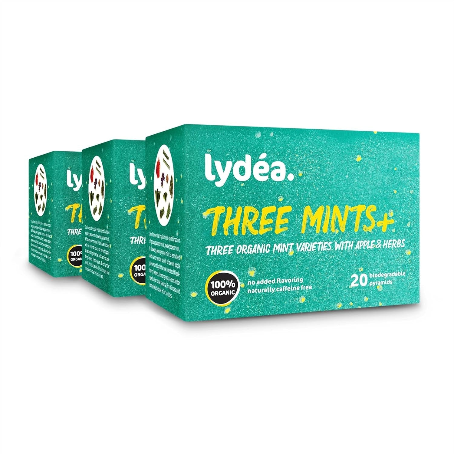 Lydea Three Mints+ økologisk urtete med tre sortimenter af mynte, æbler og urter, 60 pyramider, 3 pakke [3 x 20 pyramider]