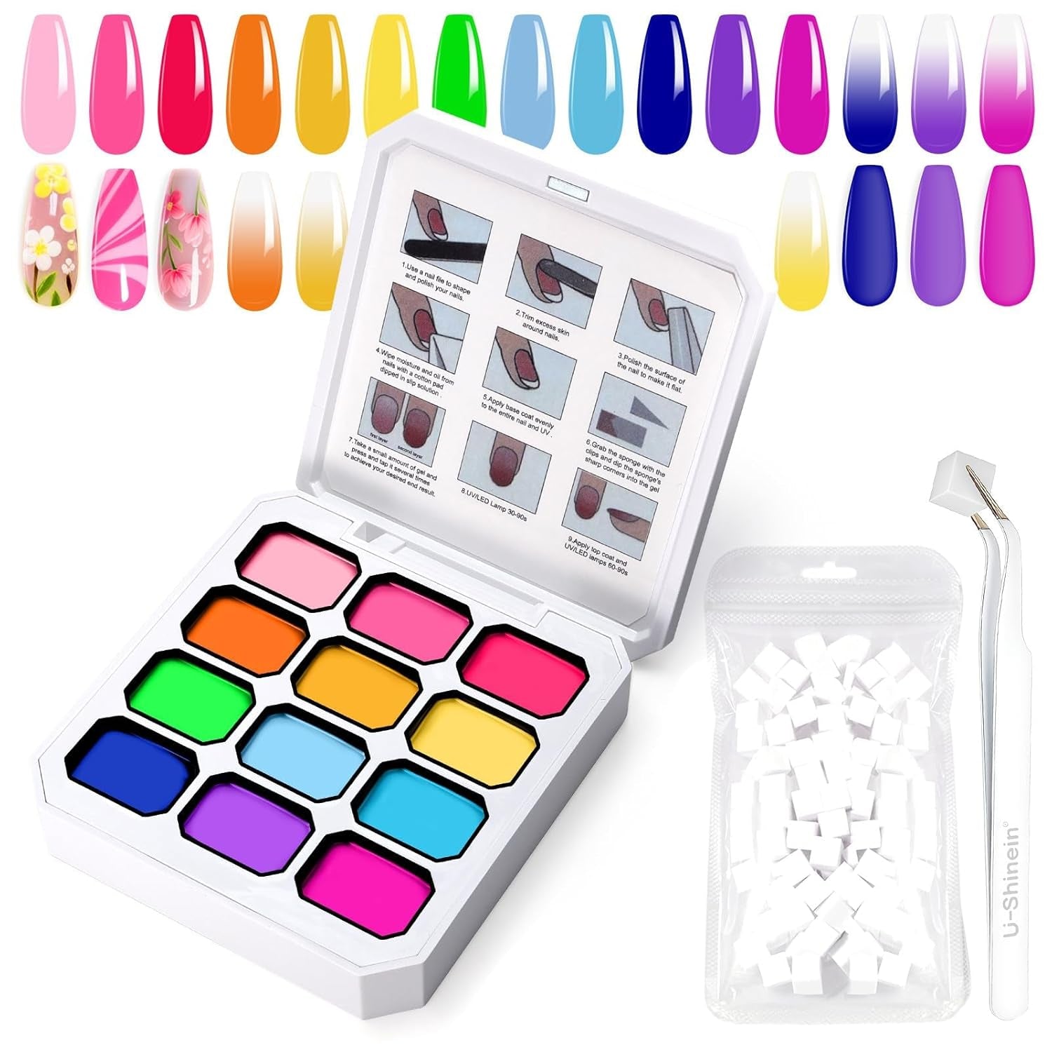 Gradient Painting Gel, 12 farver Ombre Gel neglelak med 100 stk. neglesvampe & 4 kløer metalgrabber til fransk manicure DIY neglekunst, sæt I