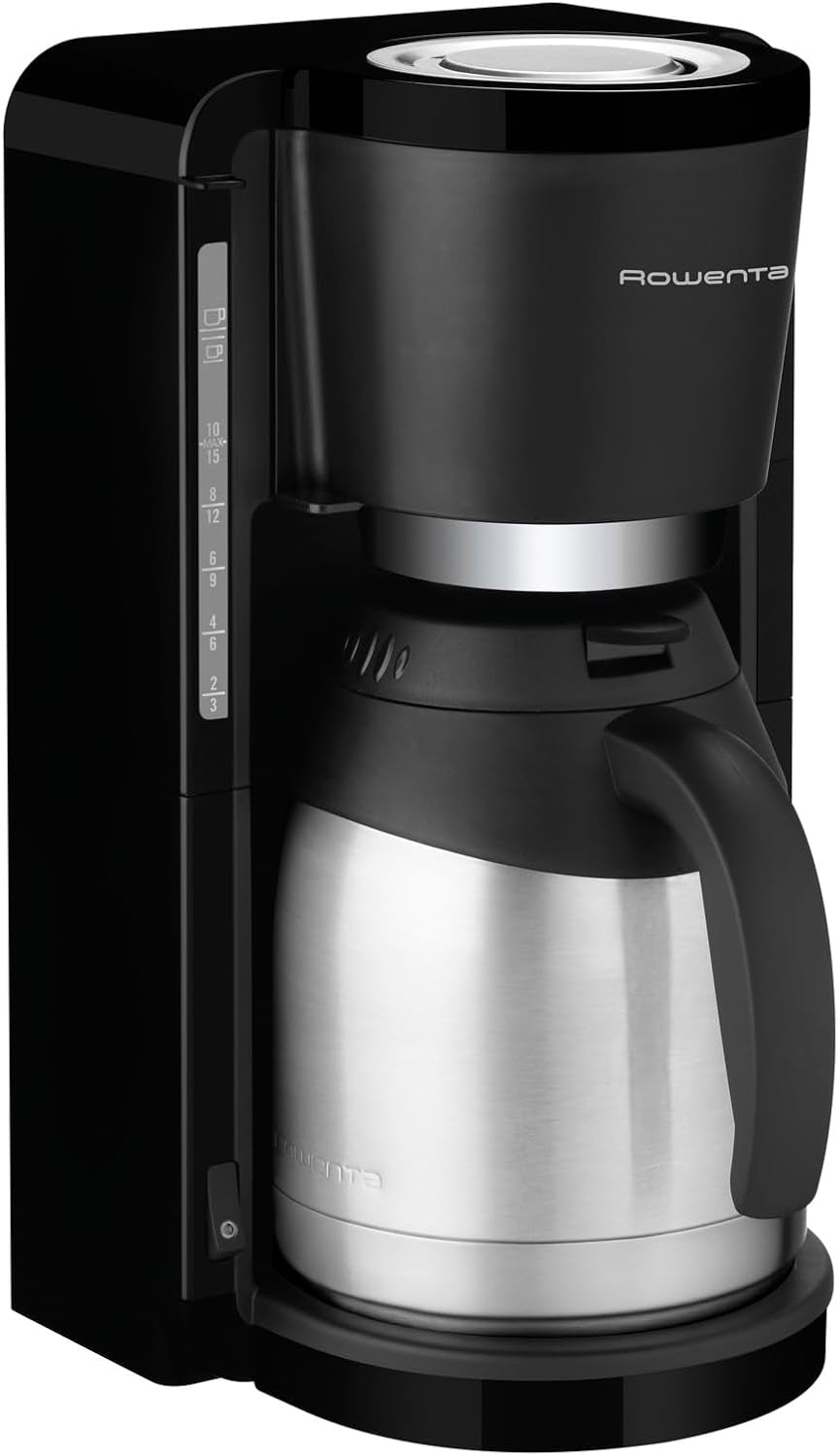 Rowenta Adagio Filter Espressomaskine, Termokande i rustfrit stål, Holder kaffen varm i op til 4 timer, Kapacitet på 10-15 kopper, 1,25 L Kapacitet, Aftagelig filterkurv, Autosluk, Sort, CT3818