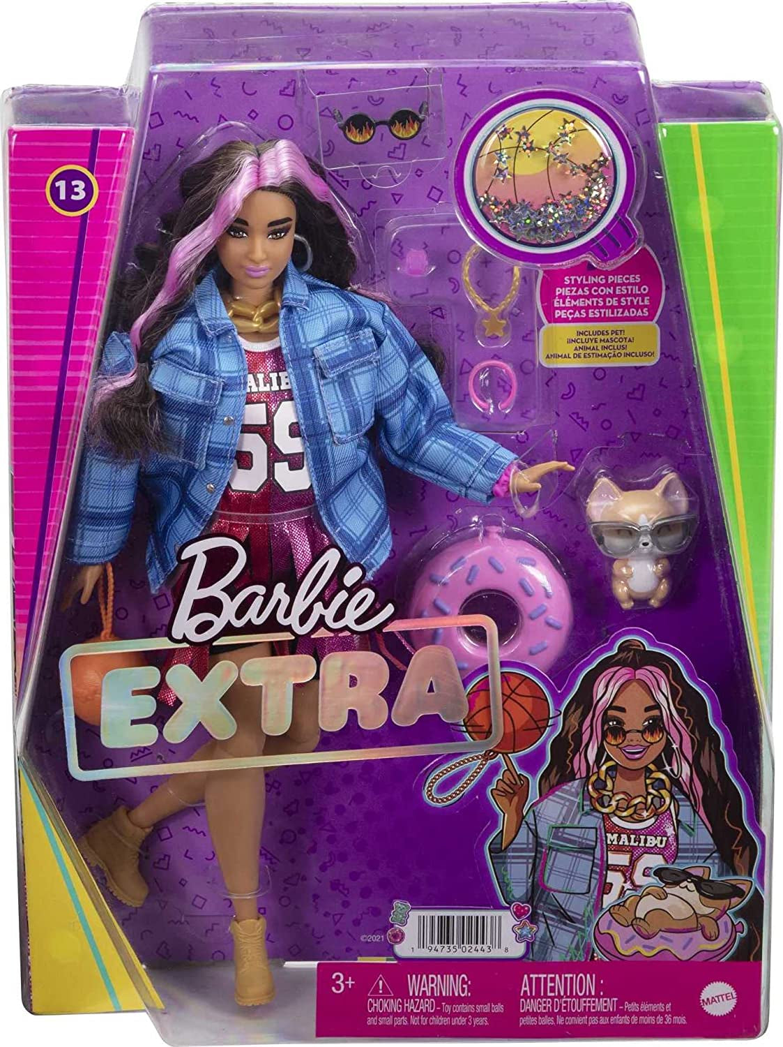 Barbie HDJ46 - Ekstra dukke i kjole med basketballtrøje og tilbehør, med Corgi Pet, ekstra langt krøllet hår med lyserøde striber og fleksible led, gavelegetøj til børn 3+ Naty Shop Dukker