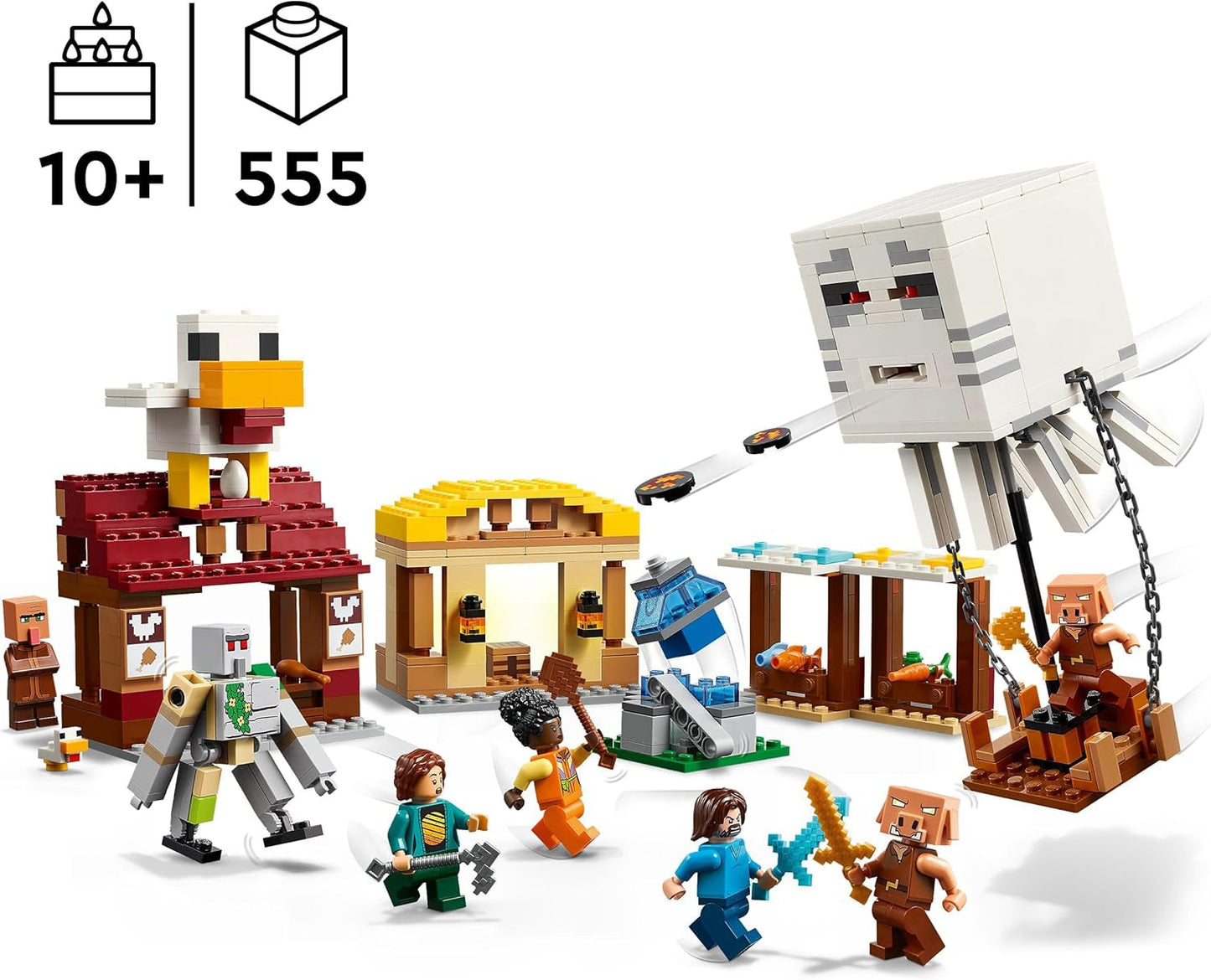 LEGO Minecraft Ghast Balloon Attack - Gamerlegetøj til børn - Videospilbyggesæt med hus, kylling og Golem - Filmvarer til drenge 10+ - 21273 Byggesæt Beuche den LEGO-Store