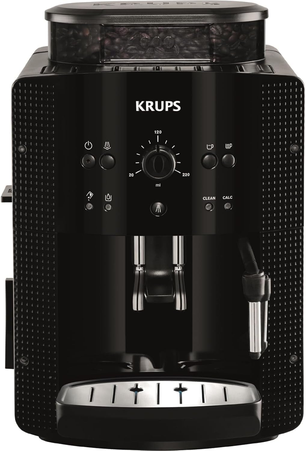 KRUPS Arabica Picto automatisk espressomaskine, kompakt design, nem at bruge, intuitiv justerbar drejekontrol, mælkeskummer, 2-kops funktion, espressomaskine, sort, EA810870