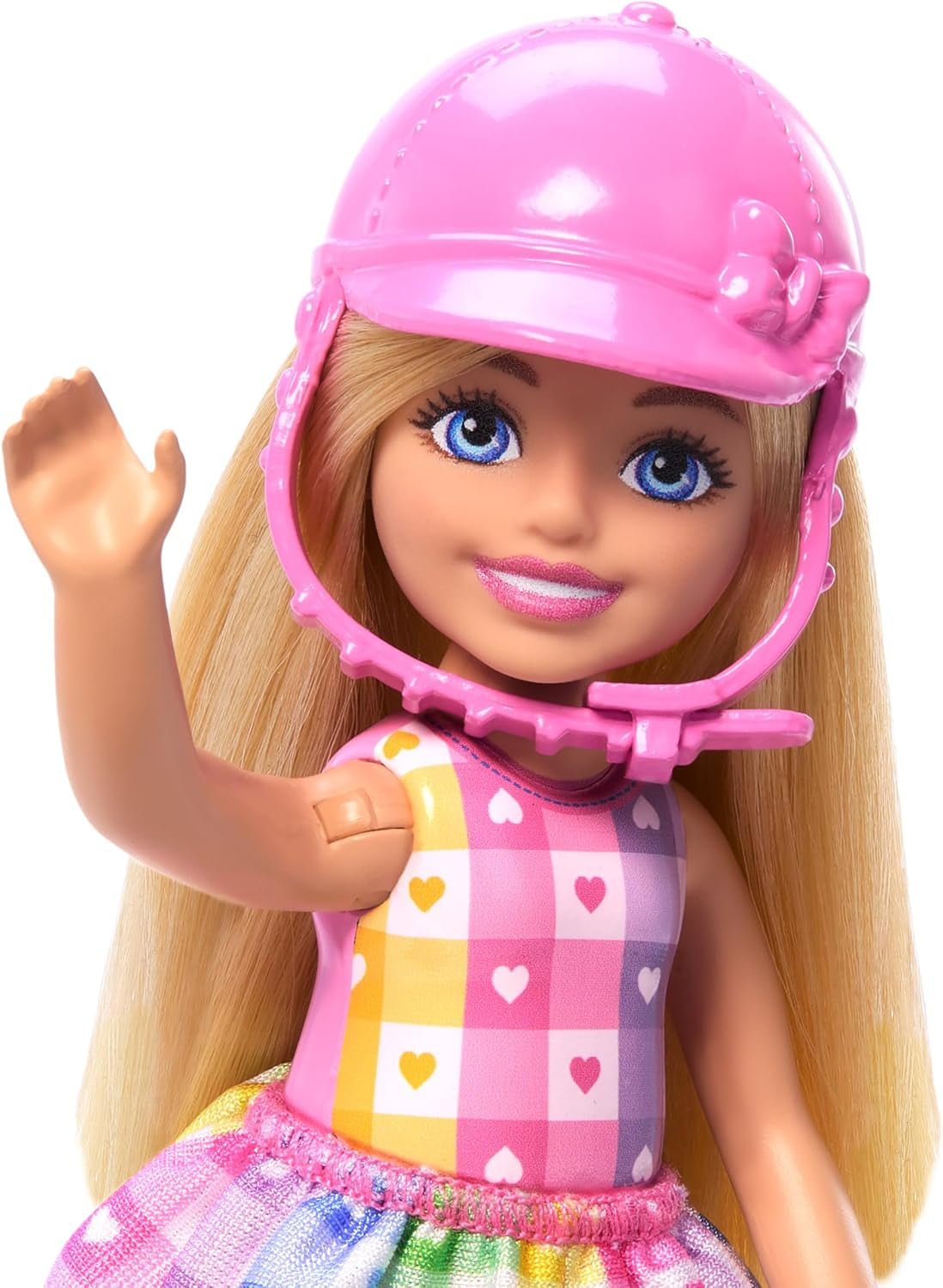 Chelsea og ponyer Barbie Doll - Spænd op til leg og kør sikkert, lyserød sadel og trin, inkluderer hjelm og sød plaidkjole, fra 3 år og opefter, HTK29