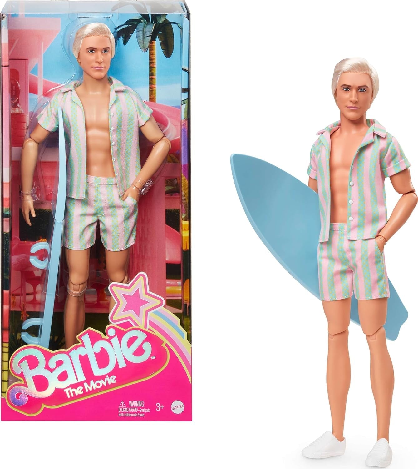 Barbie-film Ken Barbie-dukke i pastelfarvet pink og grøn stribet strandtøj, surfbræt og hvide sneakers, JBJ54