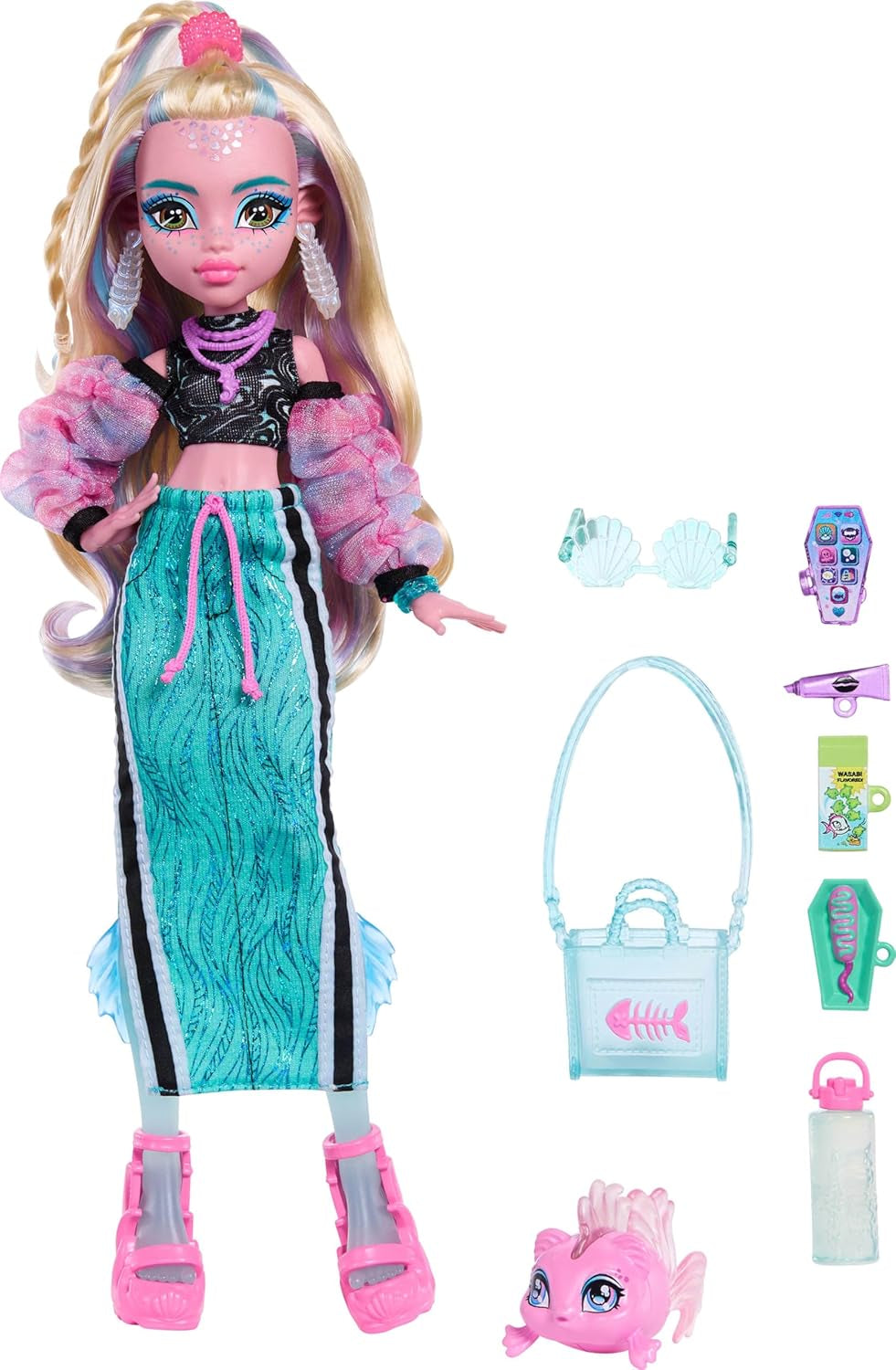 Monster High Lagoona Blue Neptuna Fish Short Top og Sports Maxi Skirt Doll med 7 tilbehør inklusive Shell-solbriller, snack og taske, JHK33
