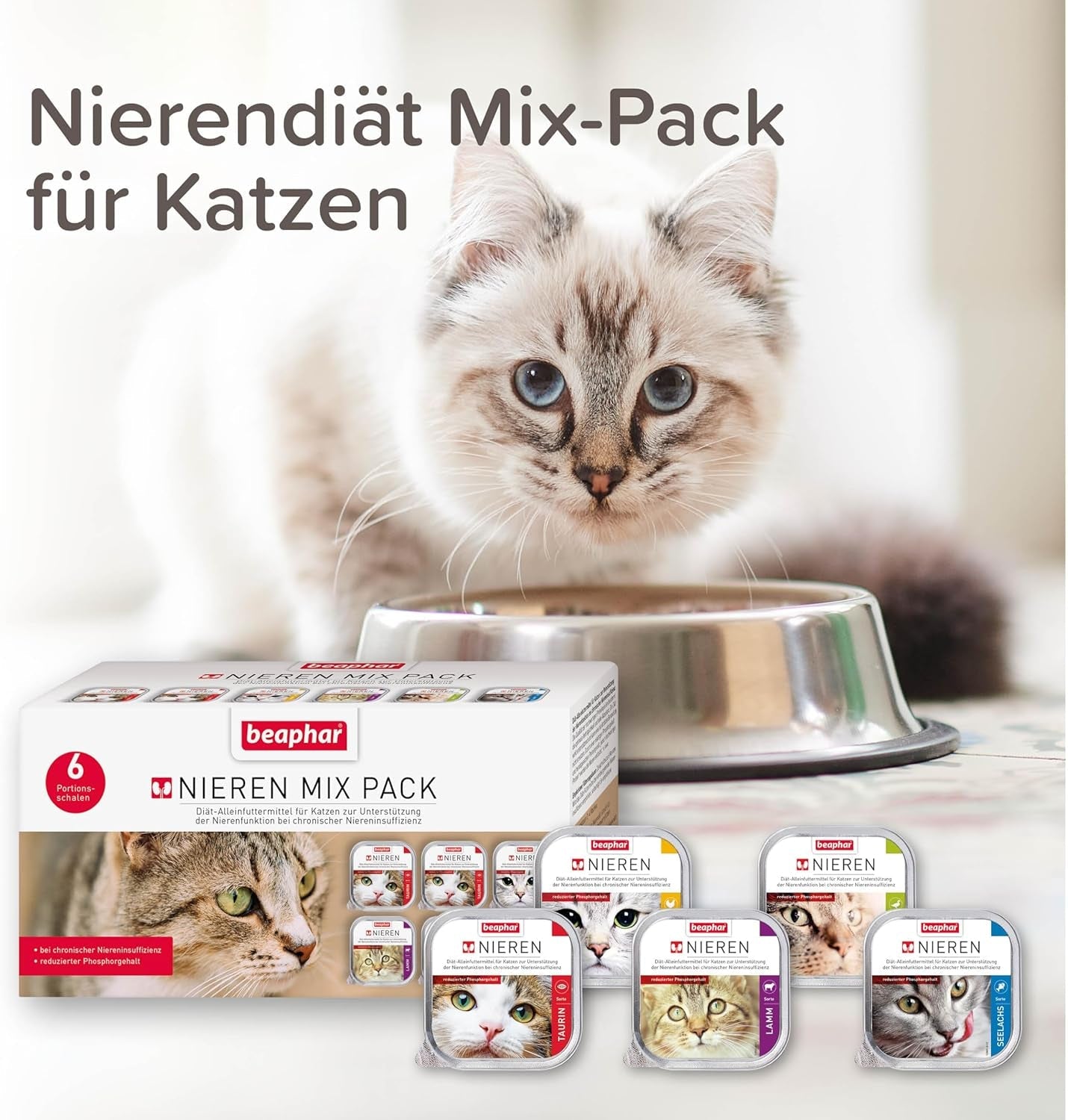 BEAPHAR – Renal Diet Mixed Package – Fuldfoder til katte med kronisk nyresvigt – Til understøttelse af nyrefunktionen – 6 x 100 g