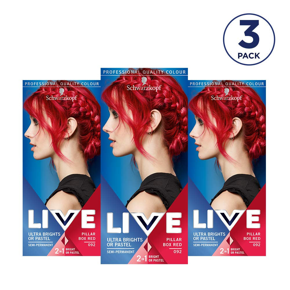Live Ultra Bright eller Pastel rødt hårfarve 3 stykker semi-permanent farve Holder op til 15 vaske - 092 Pillar Box Red Naty Shop hårfarve