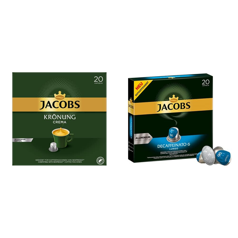 Jacobs Kaffeekapseln Krönung Crema, 10er Pack, 10 x 20 Getränke, 1040 g & Kaffeekapseln Lungo Decaffeinato- Intensität 6-200 Nespresso kompatibel Kapseln, 10er Pack, 10 x 20 Getränke