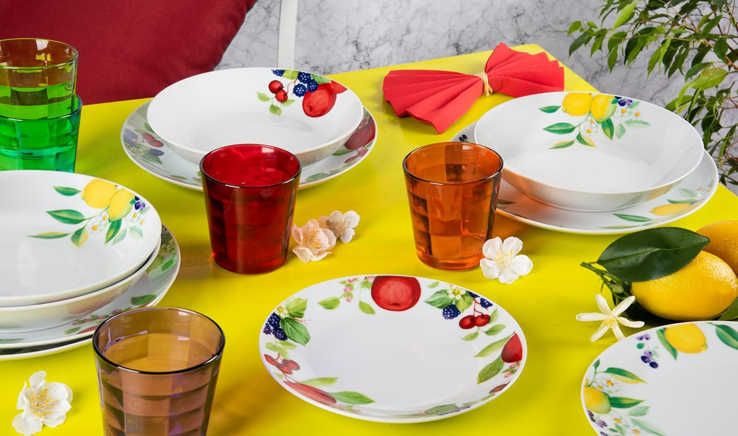 Excelsa Lemon servicesæt, 18 dele, porcelæn, hvid/citron
