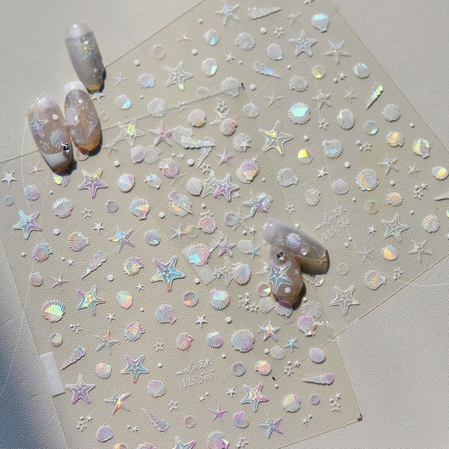 JMEOWIO 3D Nagelsticker Aurora Muschel Seestern Nail Art Sticker Selbstklebend Nagelaufkleber 5D Stereoskopisk Ozean Tema Dekoration Nageldesign Tilbehør 1 Blatt