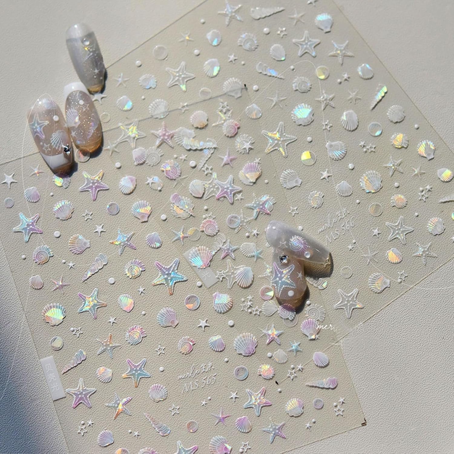 JMEOWIO 3D Nagelsticker Aurora Muschel Seestern Nail Art Sticker Selbstklebend Nagelaufkleber 5D Stereoskopisk Ozean Tema Dekoration Nageldesign Tilbehør 1 Blatt