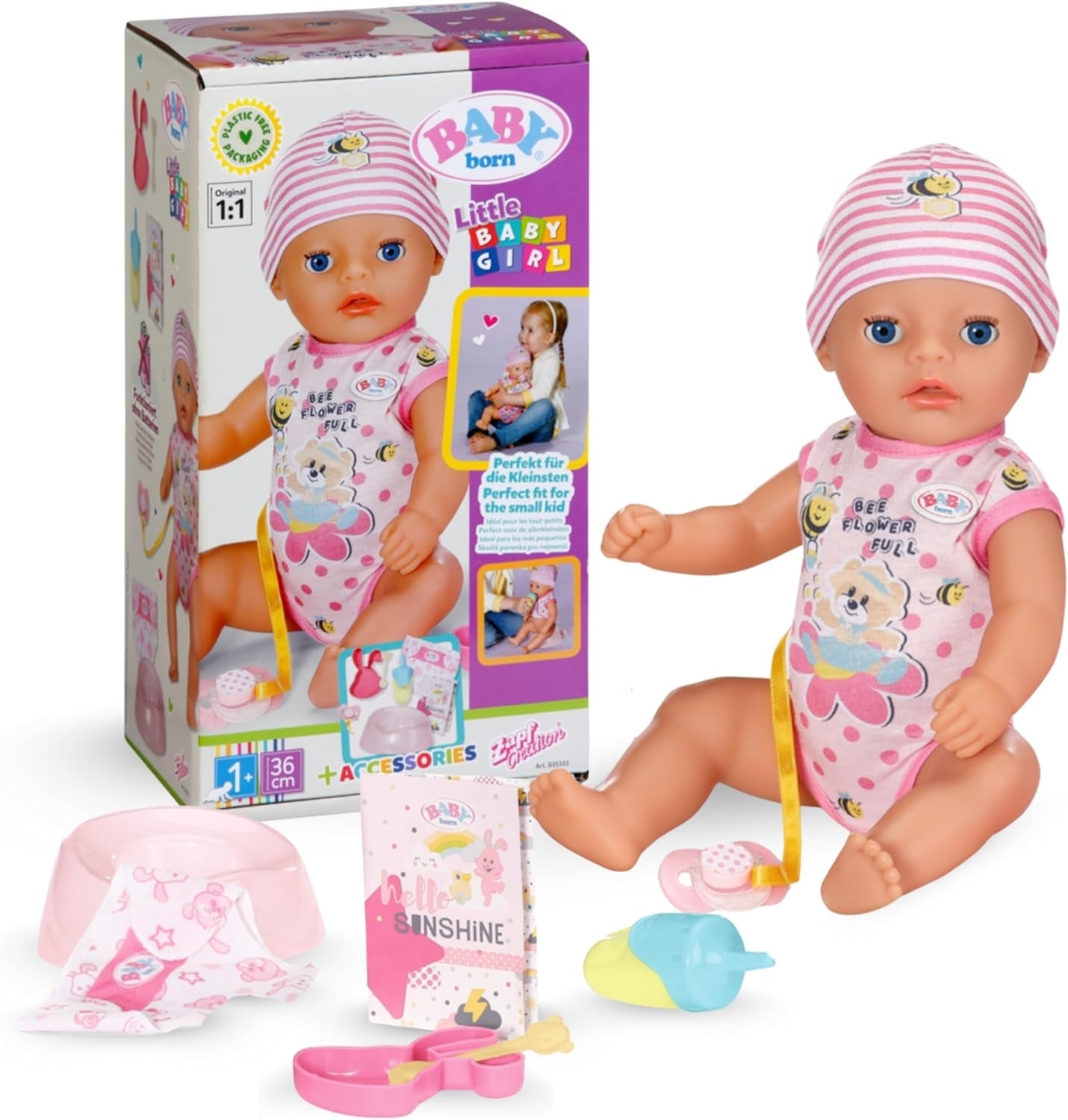 BABY Born Lena (Pige) - babydukke 36 cm - 7 funktioner inklusive tilbehør og madras - Fungerer helt uden batterier - Velegnet til små børn fra 1 år