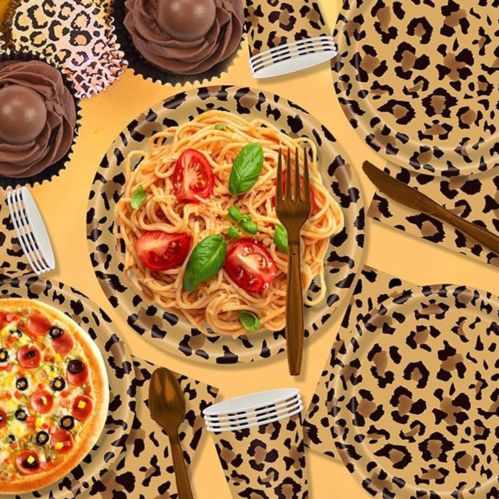Leopardmønster Party Geschirr Kindergeburtstag Deko Geburtstag Party Geschirr Dschungel Pappteller Becher Servietten Babyparty Tischdeko Sæt