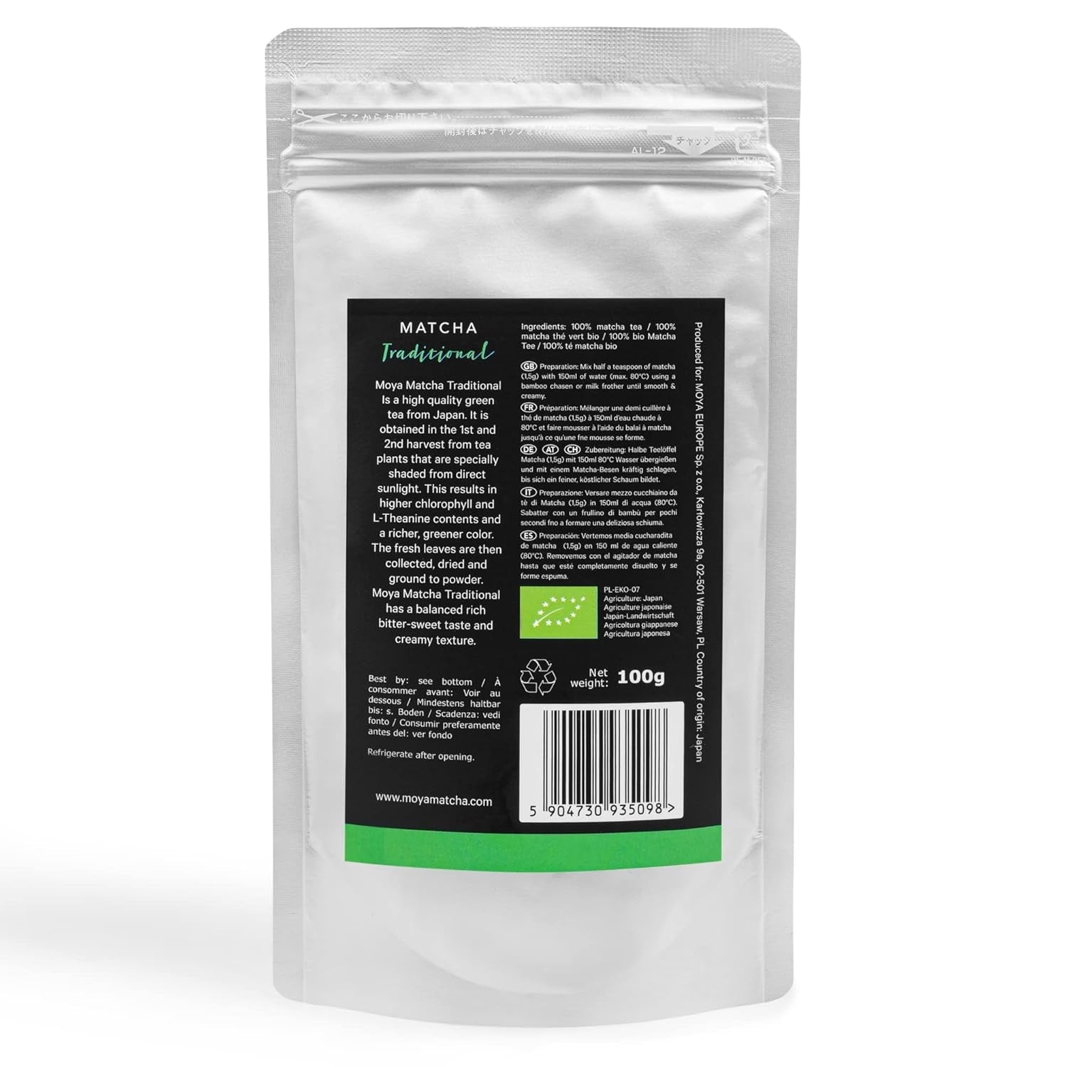 Moya Matcha økologisk grøn te pulver | 100 g traditionel ceremoni kvalitet 30 g | Økologisk dyrket og høstet i Uji, Japan | Perfekt at drikke til vand, matcha lattes, smoothies og limonade