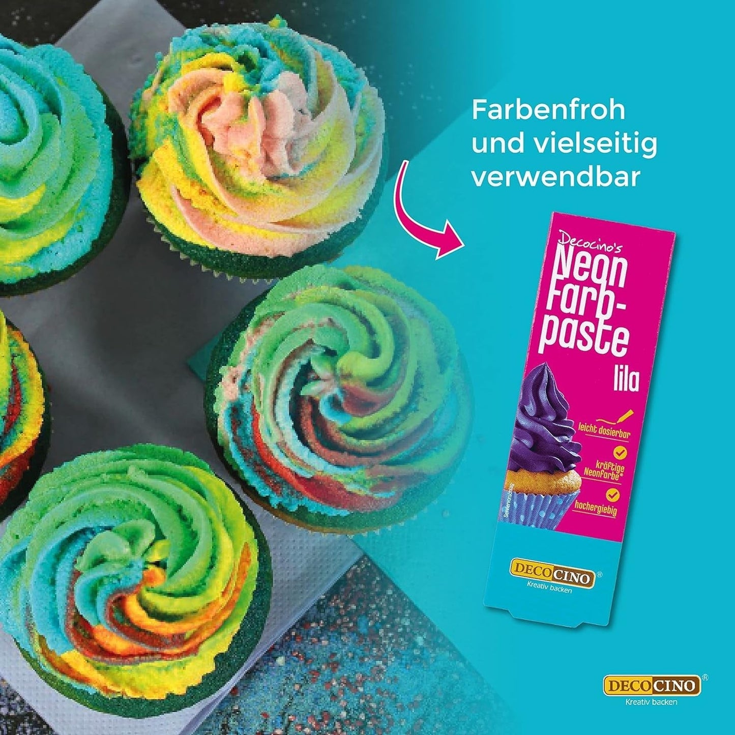 Decocino Neon madfarvesæt - 3 stykker - rød, lyserød, lilla - højdosis madfarve - til farvning af kager, muffins, cupcakes - smagsfri