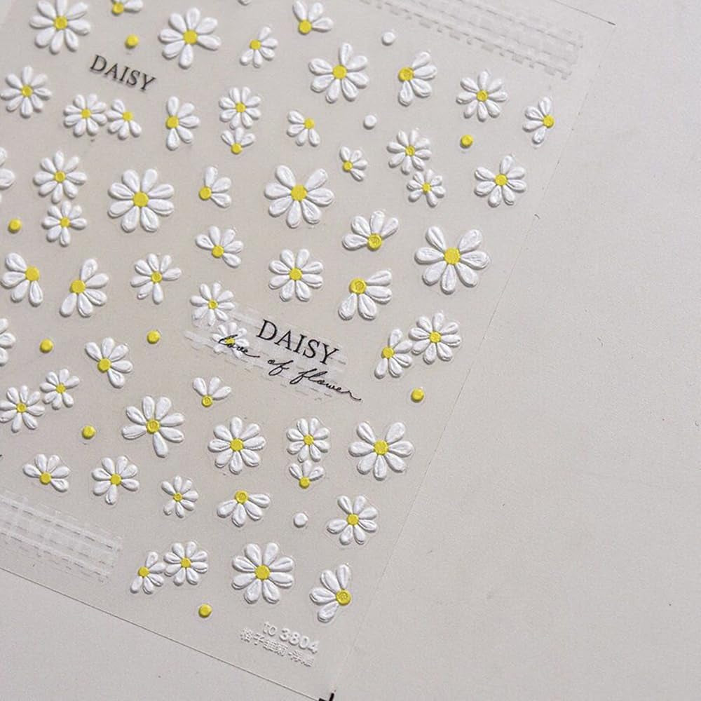 5D prægede hvide tusindfryd Negleklistermærker Blomster Negleklistermærker Blomster Selvklæbende folieklistermærker Neglekunstklistermærker Tusindfryd Negledekoration Tilbehør Blomsterdesignklistermærker Neglekunst