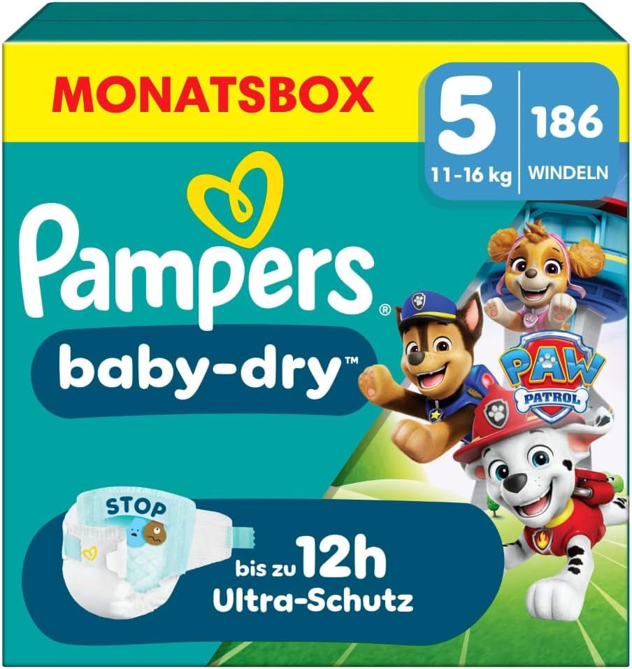 Pampers Baby-Dry Puppy Patrol Edition bleer, størrelse 5, 186 bleer, 11 kg - 16 kg, op til 100 % lækagebeskyttelse og komfort hele natten