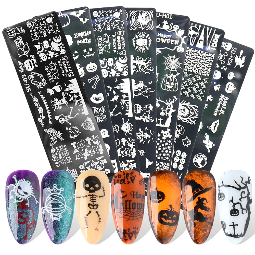 JMEOWIO Nail Stamping Stencils Halloween 6 Stück Nagelstempel Stencils Nail Art Dekoration Nageldesign Tilbehør Böse Gruselige Kürbis-Geisterhexe