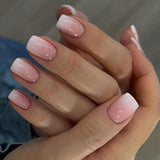 Selvklæbende kunstige neglesæt - franske falske negle - 24 stykker Kort firkantet design Hvid Pink Gradient Kunstige Negle Ballerina Manicure (Kort Pink Gradient)