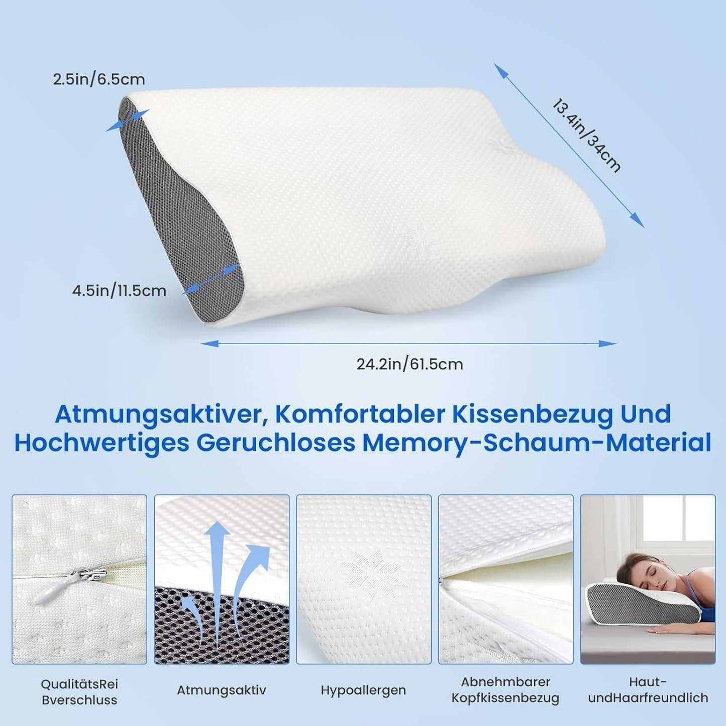PHYSEN Ortopædisk pude Nakkepude, Nakkestøttepude, Memory Foam Pude, Ergonomisk Nakkesmertepude Sovepude Anti-snorkepude til sider, ryg og mave (62 * 34 * 11 6,5 cm) Cervikale ortopædiske puder Naty Shop