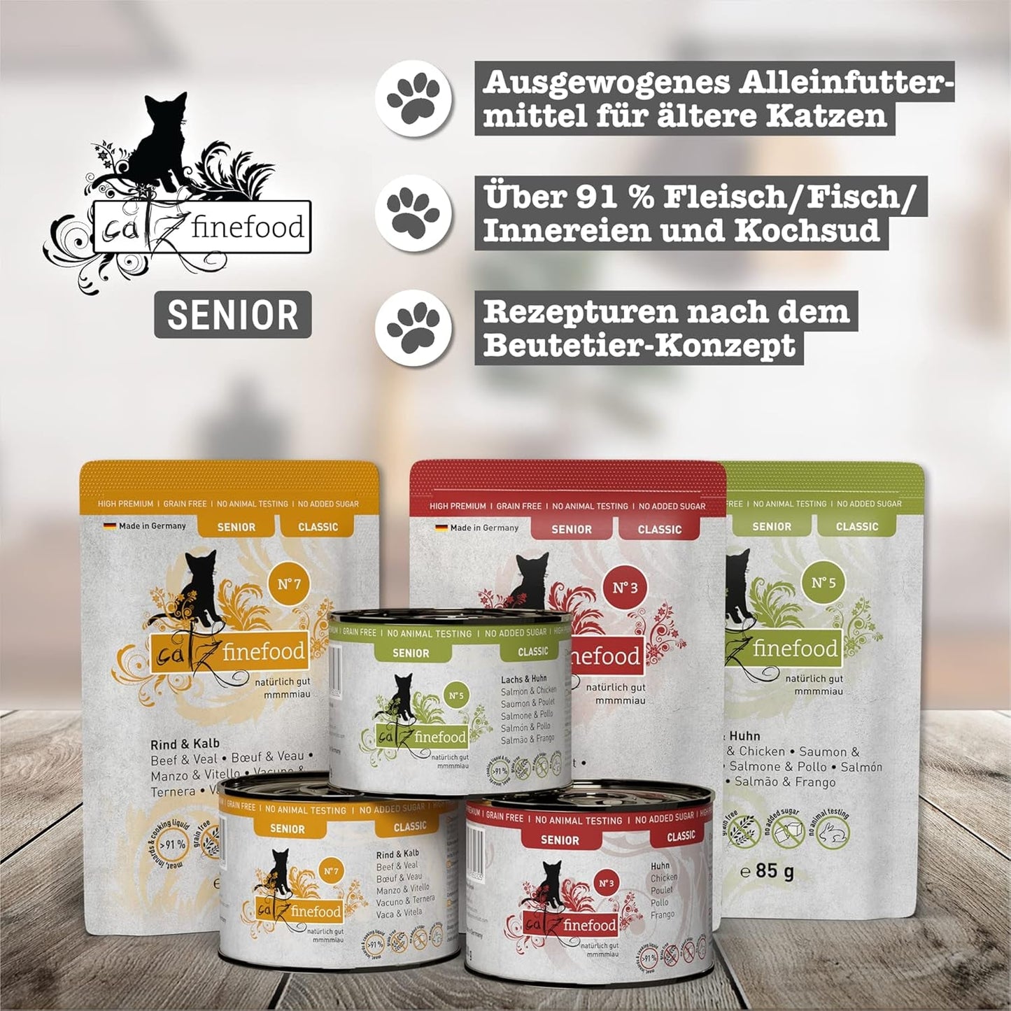 catz finefood Senior Collection Katzenfutter nass - Premium Nassfutter für Ihre Senior Katze - getreidefrei, ohne Zucker, hoher Fleischanteil, Vitamine & Mineralien (6 x 200g Dose)
