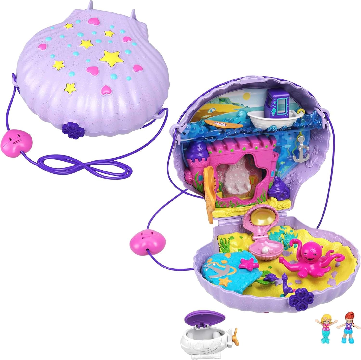 Polly Pocket Opbevaringsboks Muslingeskalstaske med 2 dukker og 1 ubåd Polly Pocket Mermaid Legetøj Age 4+ GNH11