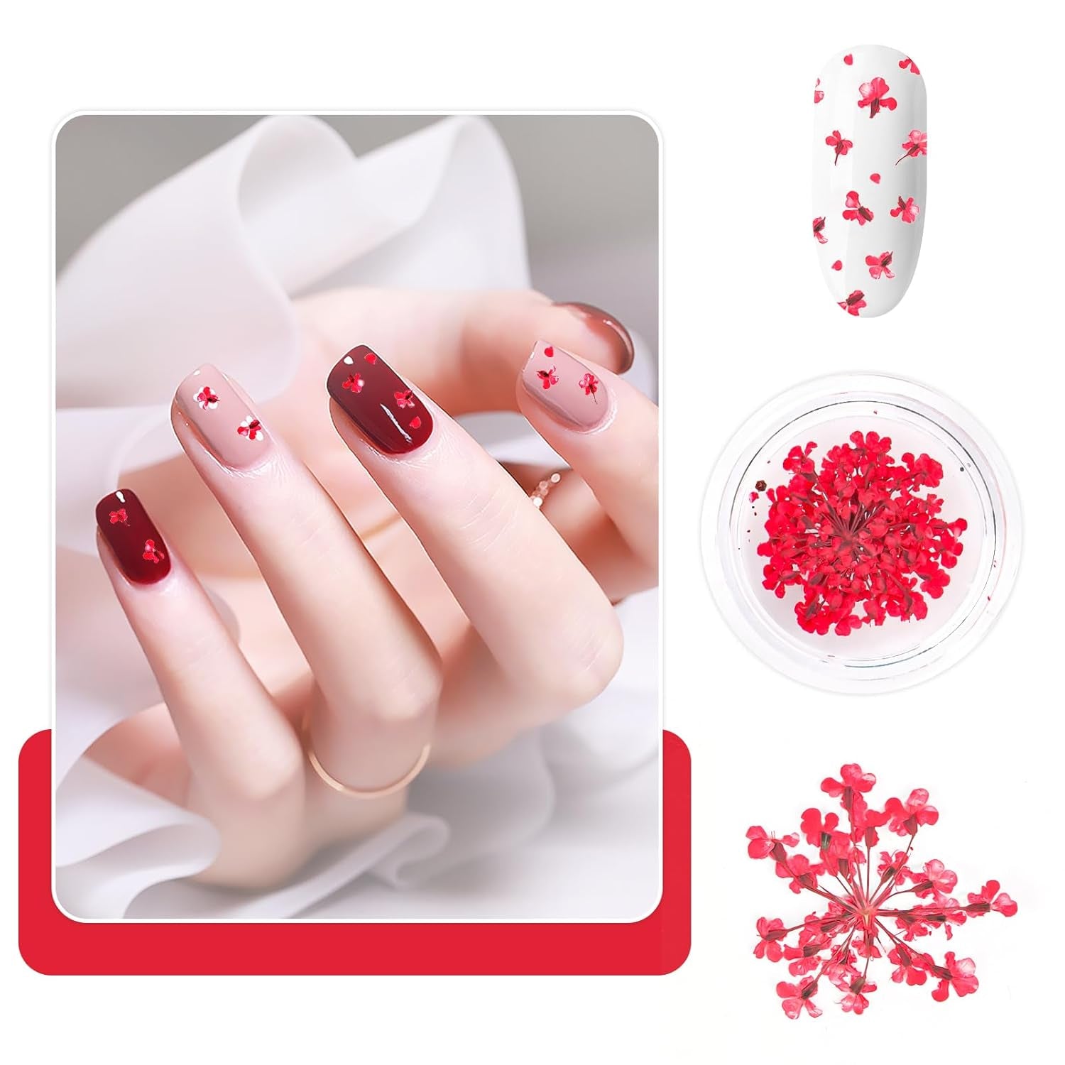 Nail Art Flowers Set Decoration - Gelnägel Zubehör 3 Farben(Orange,Blassrosa,Rose),Nail Art Aufkleber Trockene Blumen Kit Getrocknete Blumen Zubehör Sæt DIY Nageldekoration