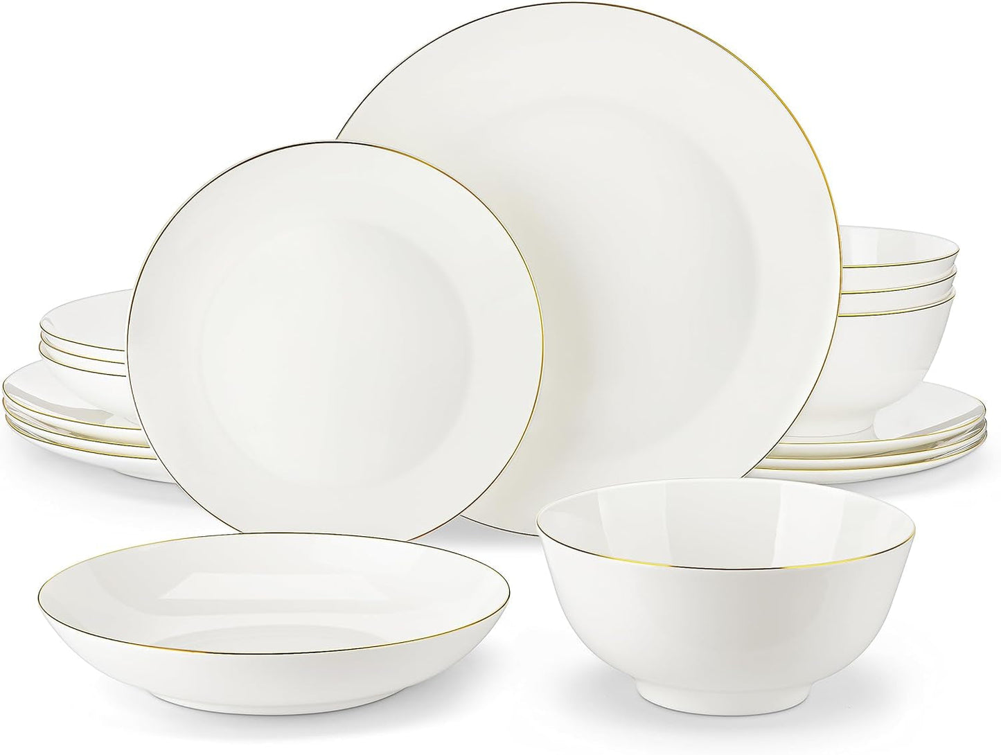 MALACASA 4-personers porcelænssæt Bone China 16-delt porcelænssæt rund hvid med guldkant Kombinationssæt med 4 middagstallerkener 4 desserttallerkener 4 Suma-tallerkener og 4 kornskåle NORI-serien
