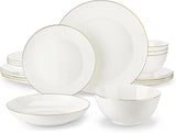 MALACASA 4-personers porcelænssæt Bone China 16-delt porcelænssæt rund hvid med guldkant Kombinationssæt med 4 middagstallerkener 4 desserttallerkener 4 Suma-tallerkener og 4 kornskåle NORI-serien