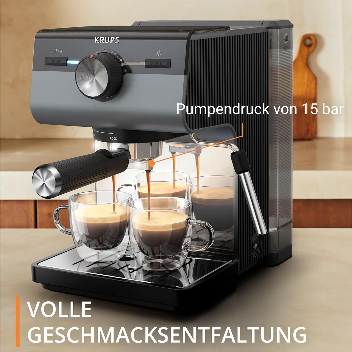 KRUPS Authentic+ espressomaskine, 15 bar, intuitiv betjening, sofistikeret design, dampmundstykke, inklusive udvidet tilbehør, Bullet Dark sølv/rustfrit stål, XP384G10
