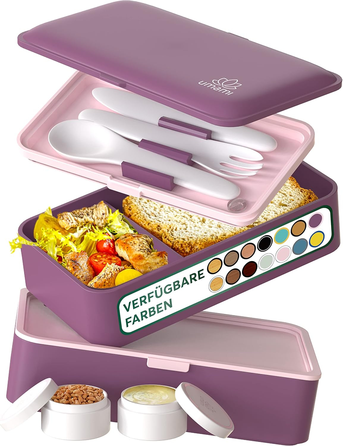 Umami Madpakke til voksne, Lækagesikker stabelbar Bento-kasse med 4 bestik og rum, Voksen Madkasse, To-Go-salatbeholder, Picnic-/kontormadkasse, koksgrå, 1500 ml