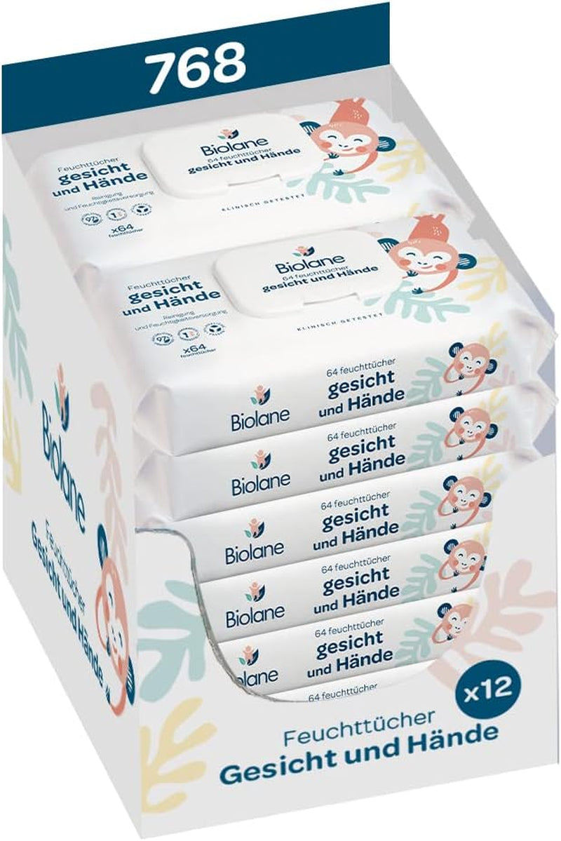 BIOLANE - Vådservietter til babyer, ansigt og hænder - Ekstra skånsomme rengøringsservietter til hygiejne - Vådservietter til babyer fra fødslen - Alkoholfri - 12 x 64 servietter (768 servietter)
