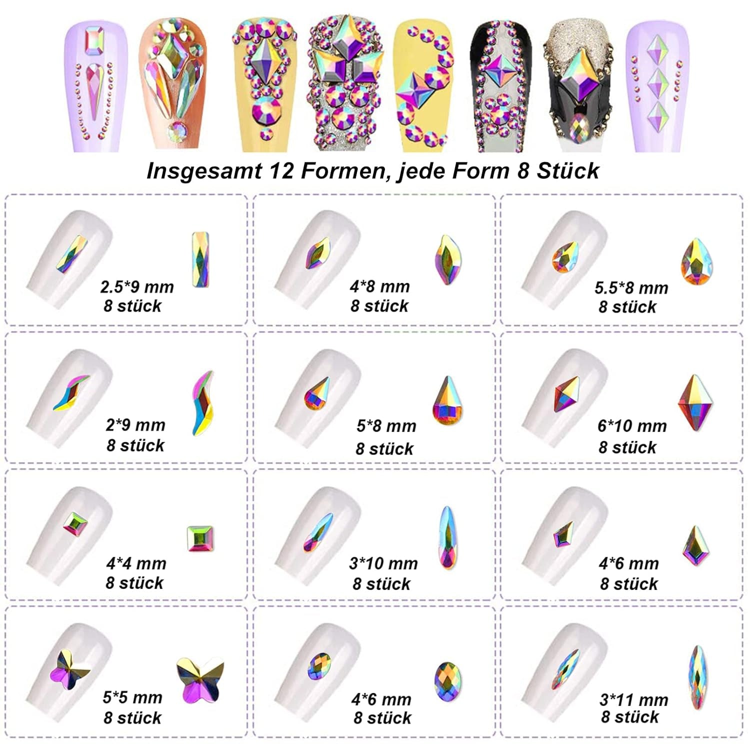 3200 Nail Stones Set FITDON Multi-Shaped Glass AB Stones og Clear Diamond Glitter AB Stones til Negle Art Decoration DIY Kits Smykker Nøgleringe Negle Accessories