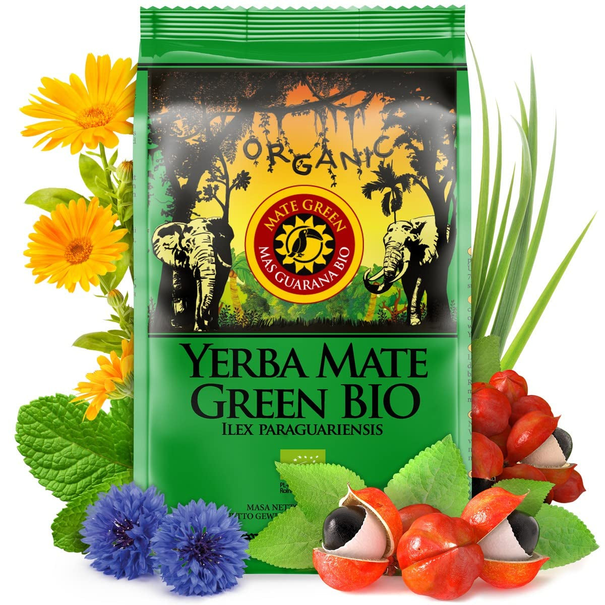 Økologisk Mate-te høstet traditionelt, tørret uden røg | Mate Tea Mas Guarana BIO 200G | Økologiske blade Bulk | Med Guarana, mynteblade, citrongræs, kornblomstblomster