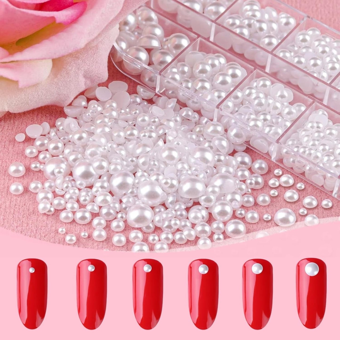 12 Größen Nail Art Perlen, Flache Perlen, Nail Art Accessoires, Halbkreis Nagelperlen, Weiße Nail Charms Und Glitzersteine ​​Nägel Für Nail Art Design, DIY Basteln, Alltag, Hochzeit (2 kasser)