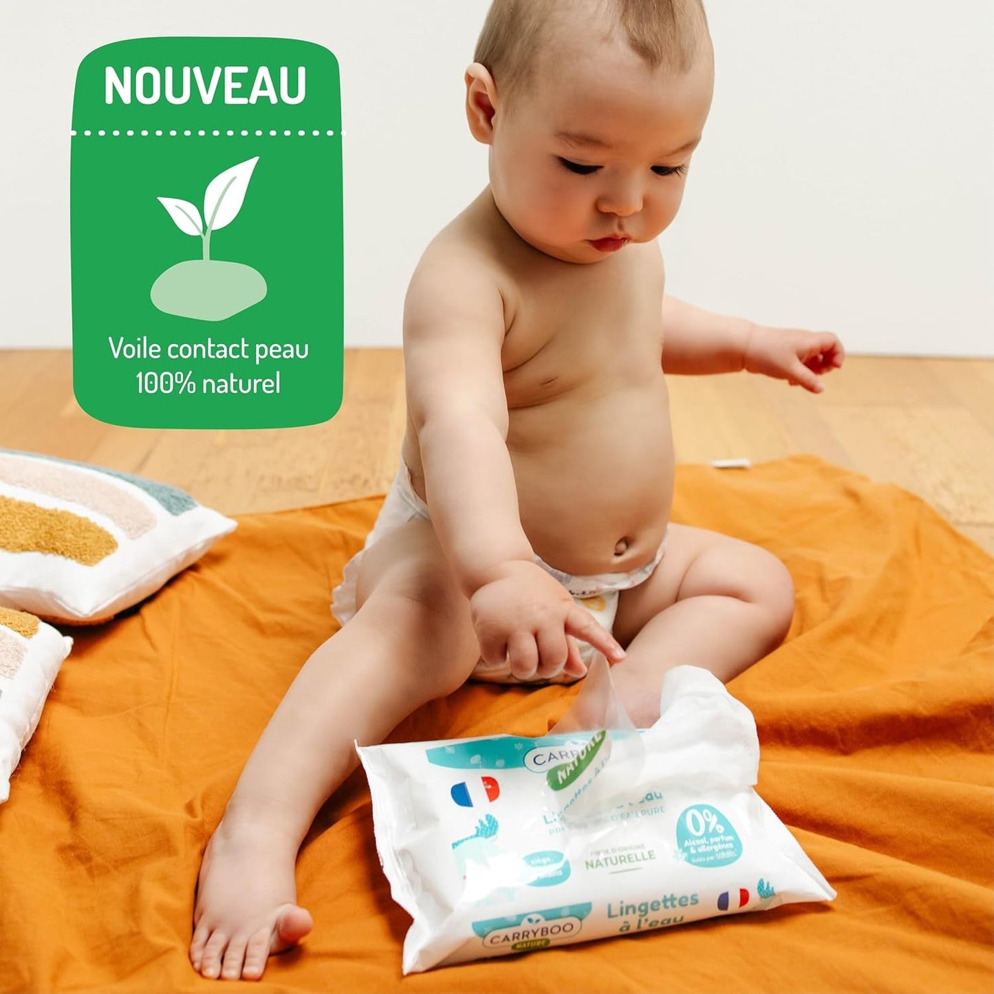 Babyvådservietter med vand - parfume- og allergenfri - 9 stykker - normal og følsom hud - renser og beroliger - 100% naturlige fibre - fremstillet i Frankrig - 522 servietter