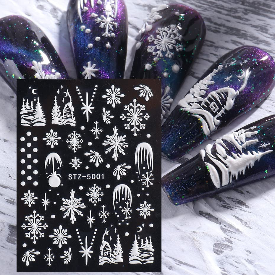 4 Blatt 3D Nagelsticker Weihnachten Nagelaufkleber Christmas 5D Stereoskopisk Selbstklebend Schneeflocke Schneemann Nail Art Sticker Dekoration Nageldesign Zubehör