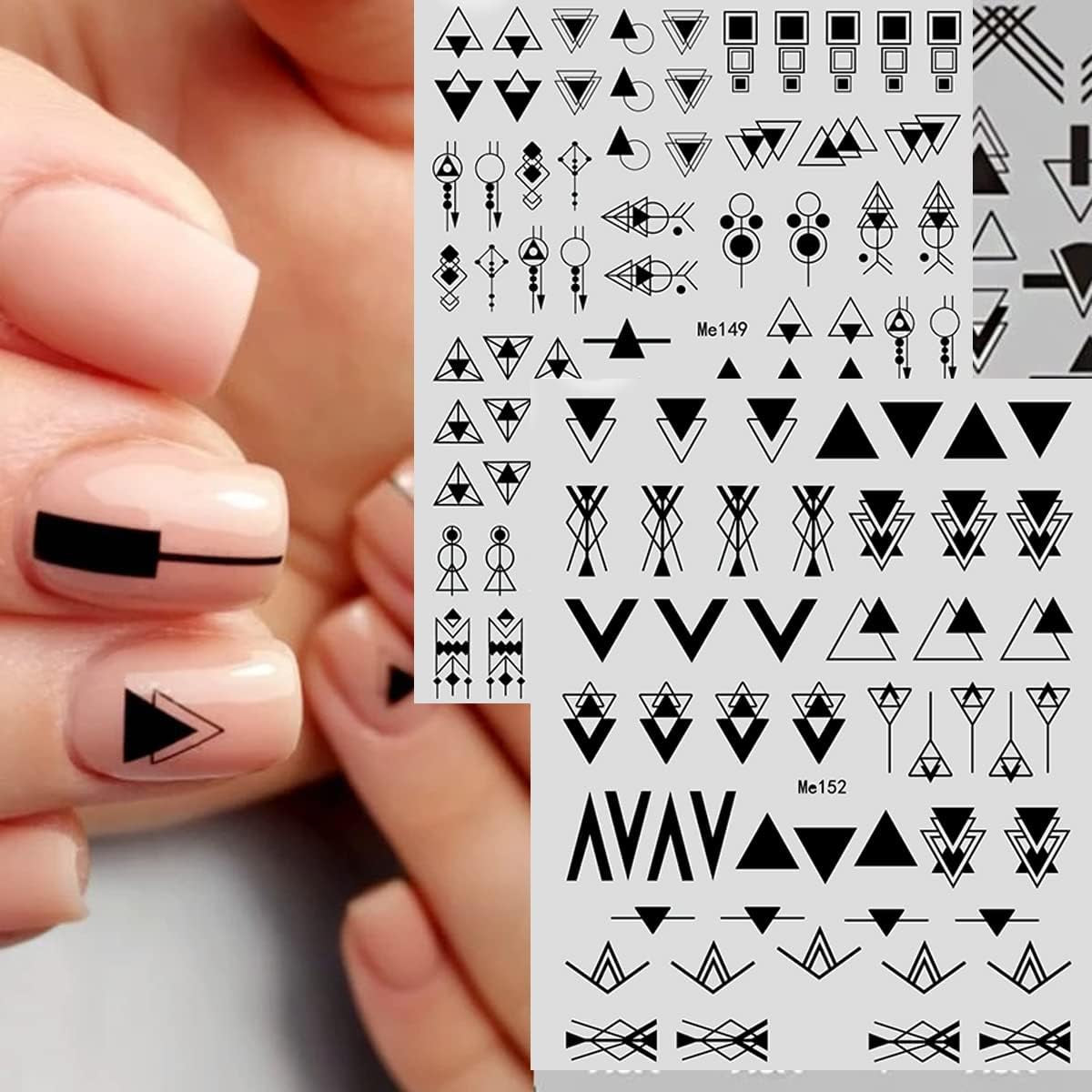 12 Blatt Nagelsticker Geometrisk Nagelaufkleber Selbstklebend Schwarz-Weißes Mysteriöses Dreieck Nail Art Sticker Dekoration Nageldesign Zubehör