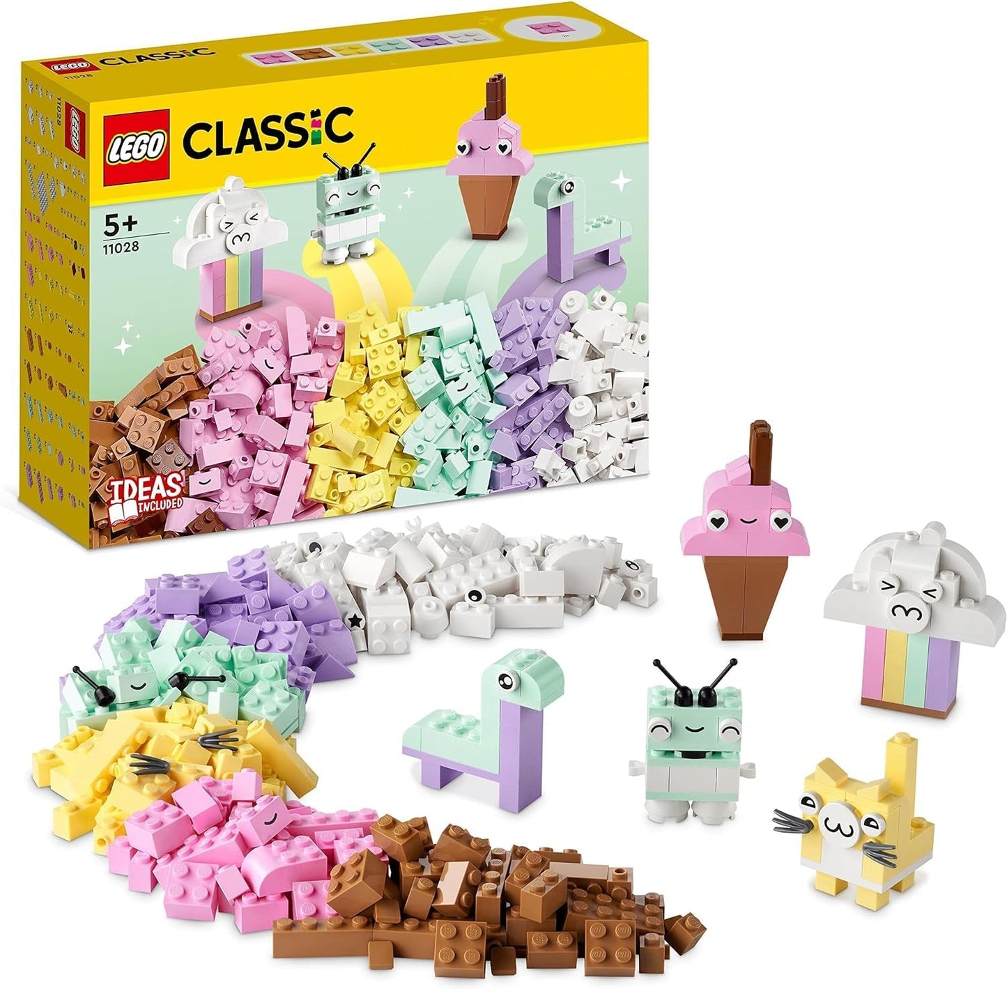 LEGO 11028 Classic Pastel Kreativt byggesæt Murstenskasse, byggelegetøj til piger og drenge fra 5 år og opefter med modeller; is, dinosaur, kat og mere Byggesæt Besuche den LEGO-Store Single