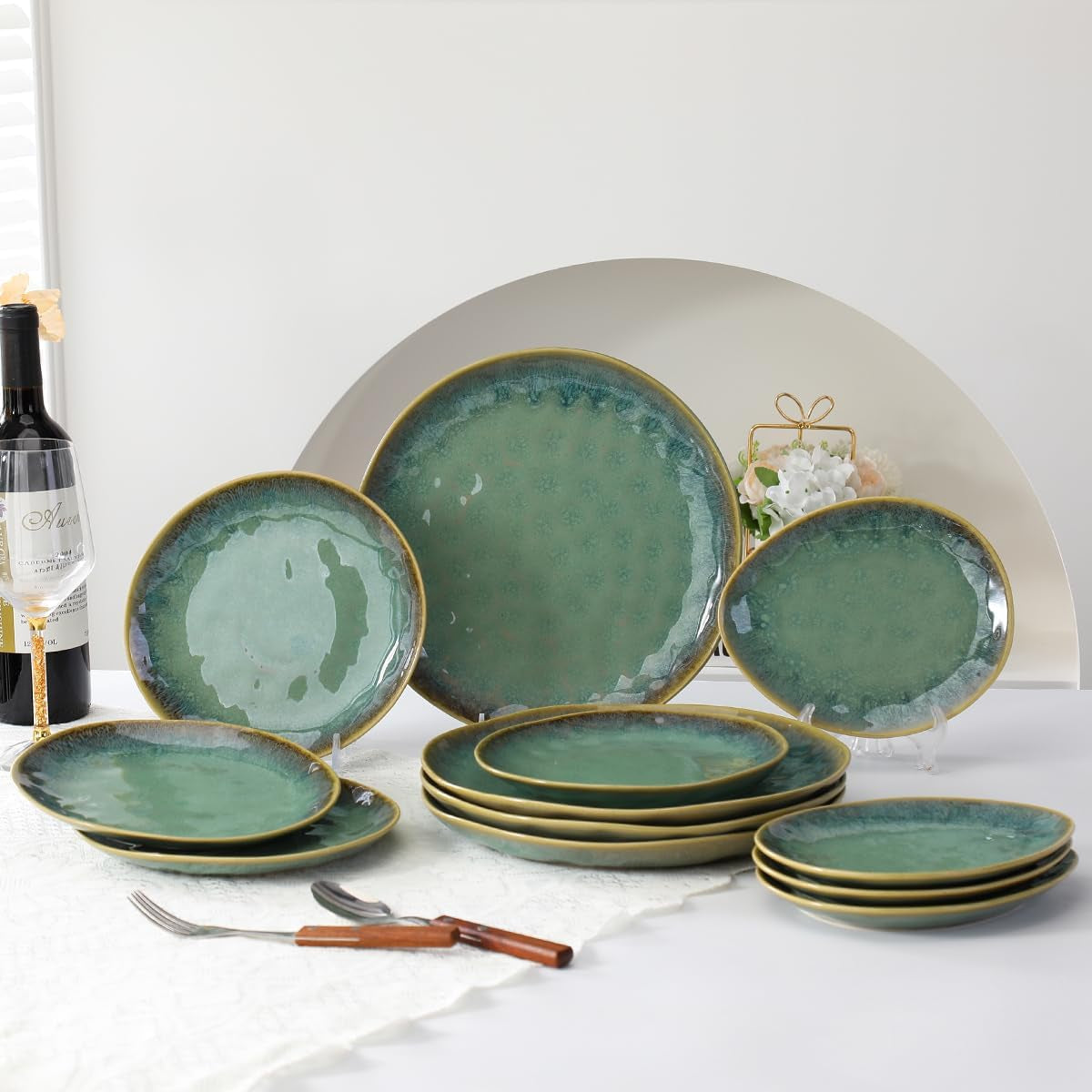 Henten Home Specialtallerkener i stentøj, snack- og sauceskåle - 20x17cm til 4 personer, morgenmadstallerkener i porcelæn - moderne grønt design