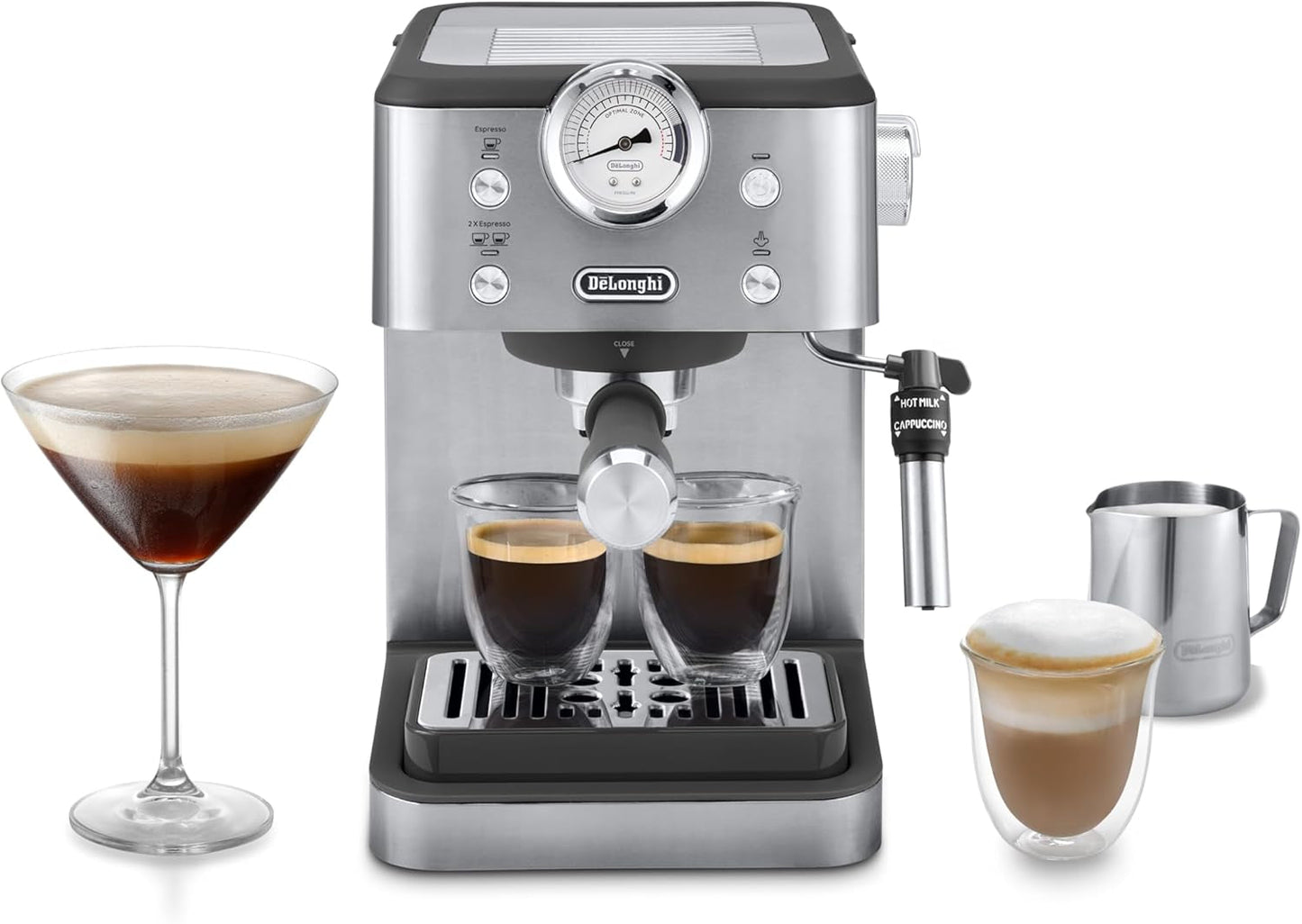 De'Longhi Classic EM450.M portafilter espressomaskine med professionel mælkeskummer, fuld metalhus, 15 bar, 1,7 l vandtank, rustfrit stål/metal