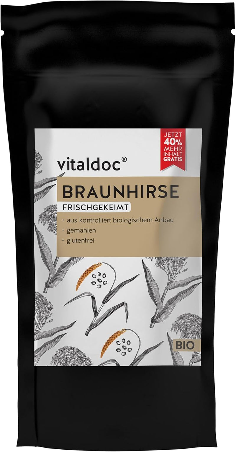 vitaldoc© | Økologisk brun hirse, friskspiret 250g + 100g | Rå mad | Glutenfri | Vegansk | Økologisk | Rig på naturligt silicium | Kvalitet