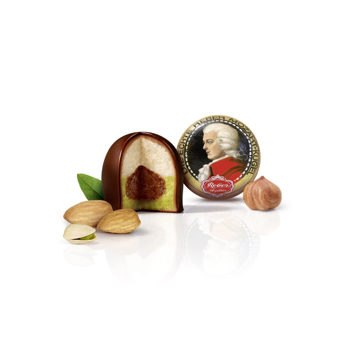 Rebel, Duet Mozart Kugeln, pakke med 2, mørk chokolade Mozartkugler fyldt med pistacie og marcipan, mandler og hasselnøddenougat, 40g (2 Mozartkugler)