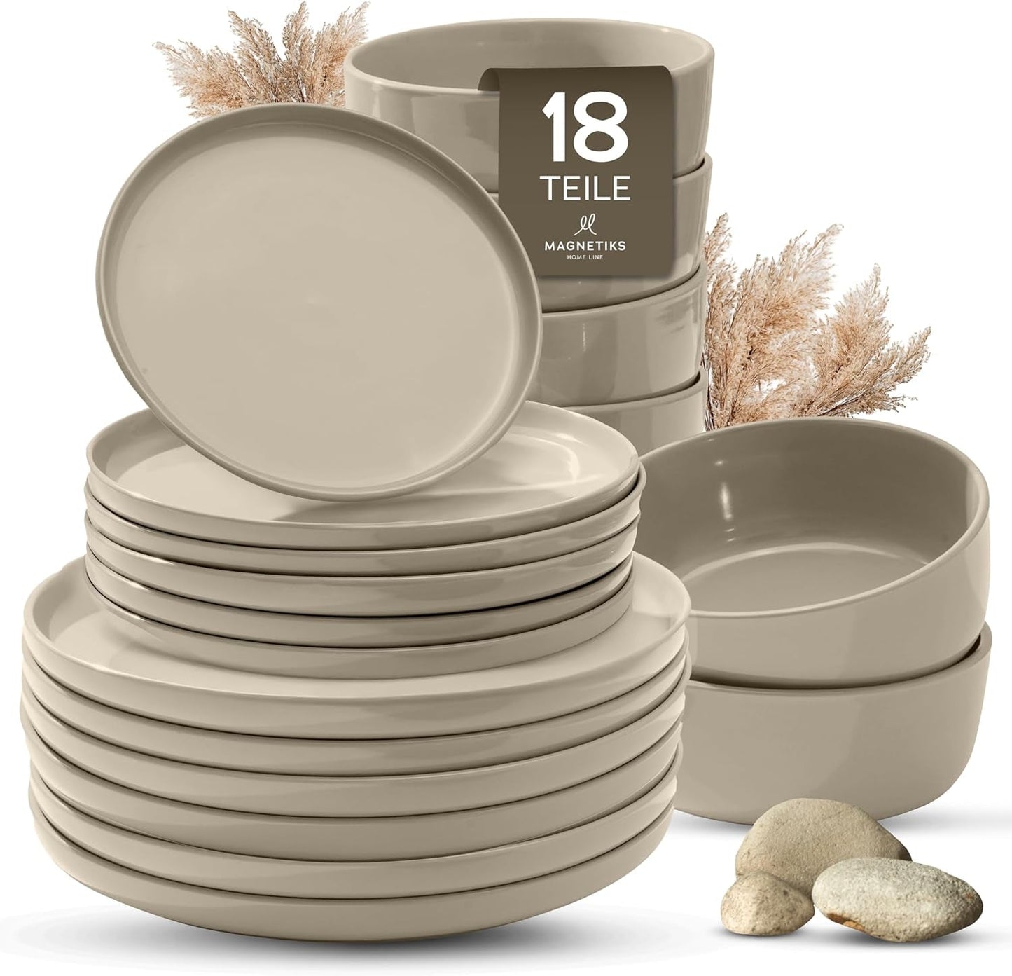 Porcelænsstel til 6, 18 stykker - stærkere og ridsefast end fajancetallerkener og -skåle, blank beige | Servicesættet indeholder 6 middagstallerkener, 6 desserttallerkener og 6 skåle -