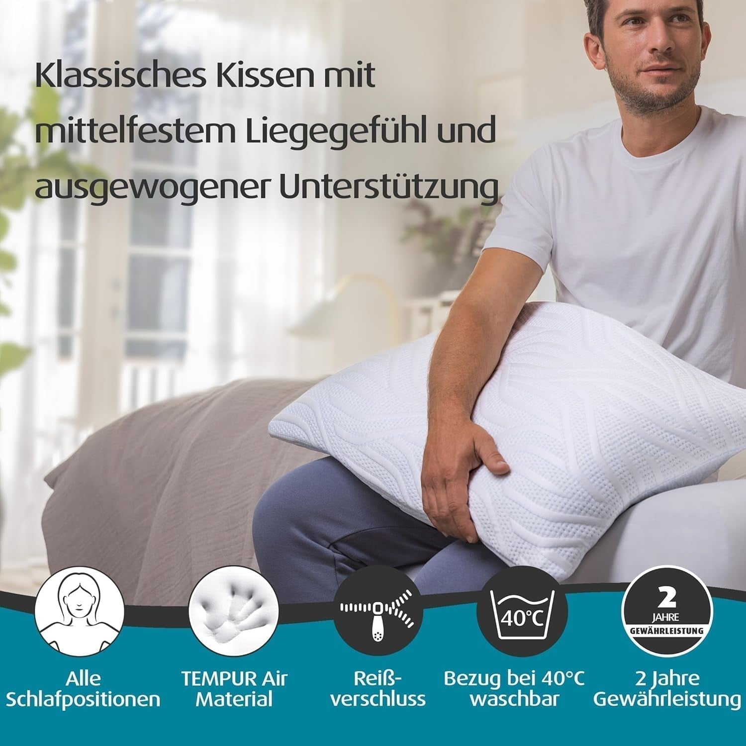 TEMPUR Comfort Air Medium sovepude, Åndbar pude til enhver soveposition, OEKO-TEX MADE i GRØN, medium fasthed, 40 X 80 Cm Naty Shop standardpuder