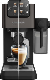 Portafilter espressomaskine GRUNDIG KSM 5330 med integreret mælkebeholder, effekt 1628 W, pumpetryk 15 bar, dobbelt mundstykke, farvetouchdisplay, BrewSense, CreamyPro, Mørk rustfrit stål/Sort