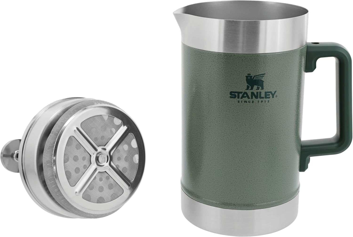 STANLEY Classic Stay Hot Coffee Press 1,4L Hammertone Green - Holder kaffen varm i 4 timer - Minimalt bundfald - Integreret kaffepresse i rustfrit stål - BPA fri - Tåler opvaskemaskine